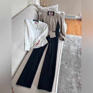 XOXO Tan and Black Colorblock Blazer, Cream Blouse & Black Pants